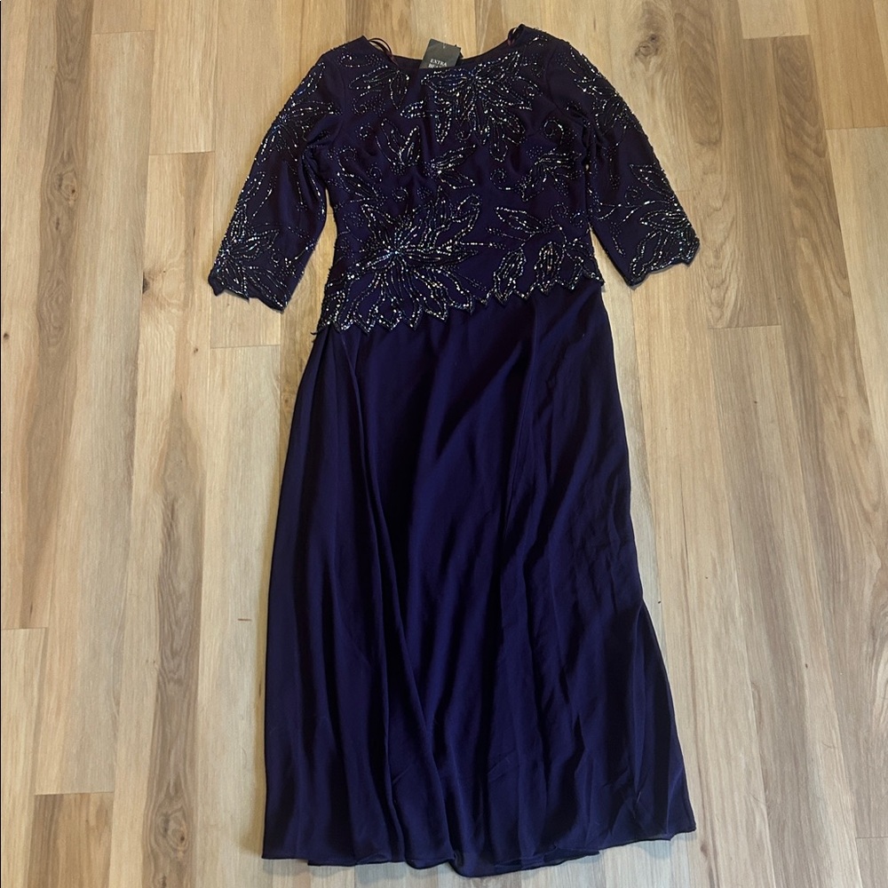NWT J Kara Women's Petite Long Scoop Neck Asymetrical Beaded Dress, Plum